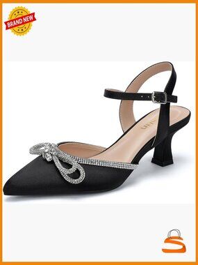 Wide Width Kitten Heels Rhinestone Bow Pointed Closed Toe Pumps Ankle Strap